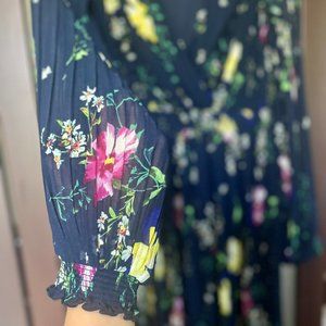 DKNY Spring Sheer Long Sleeve Dress with Floral Print Chiffon